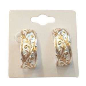 Hawaiian Design Silver & Gold Plated Scroll Half Moon Quilt Earrings C Hoop